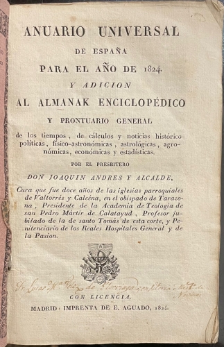 Portada de Anuario Universal de Espa�a para el A�o de 1824 y adici�n al Almanak Enciclop�dico y Prontuario General - Joaquin Andres y Alcalde