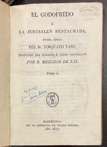 Portada de El Godofredo � La Jerusalen Restaurada. Poema �pico - Torquato Taso