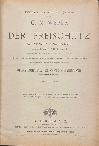Portada de Der Freisch�tz. Il Franco Cacciatore. Opera romantica in tre atti. / Schirmer's Library of Musical Classics- Anthology of Italian Song/ 40 M�lodies choisies de Fran�ois Schubert.  - C. M. Weber. Schimer. Fran�ois Schubert