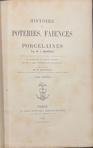 Portada de Histoire des Poteries, Faiences et Porcelaines - M. J. Marryat