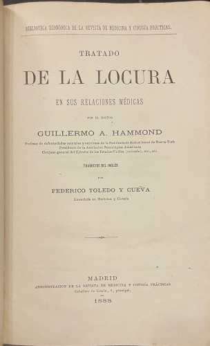 Portada de Tratado de la Locura en sus relaciones m�dicas - Guillermo A. Hammond
