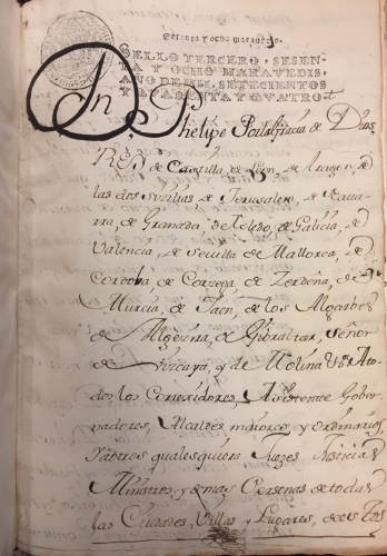 Portada de Real Despacho y Ejecutoria del Real y Supremo Consejo en favor de D. Joseph de Arroyo, Alhama, Granada, contra Luisa Santa Ana, viuda de Francisco Fern�ndez de C�rdoba