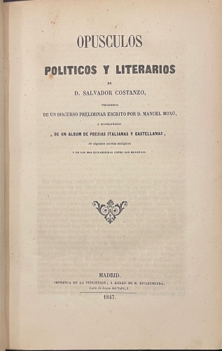 Portada de Op�sculos Politicos y Literarios  - Salvador Costanzo