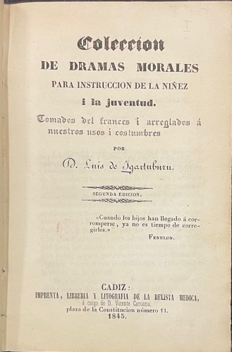Portada de Colecci�n de dramas morales para instrucci�n de la ni�ez y la juventud - Luis de Igartuburu