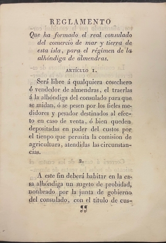 Portada de Reglamento para el R�gimen de la Alh�ndiga de Almendras del Real Consulado de Mar y Tierra de Mallorca. Aprobado en Junta de Gobierno de 19 de Setiembre de 1818