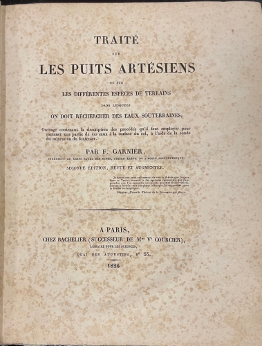 Portada de Trait� sur les Puits Art�siens ou sur les differentes especes de terrains dans lesquels on doit rechercher des eaux souterraines - F. Garnier