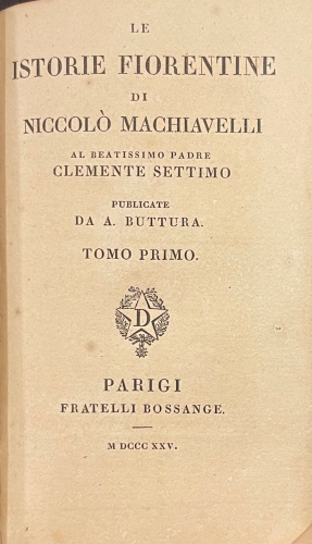 Portada de Le Istorie Fiorentine - Nicolas Maquiavelo. Machiavelli