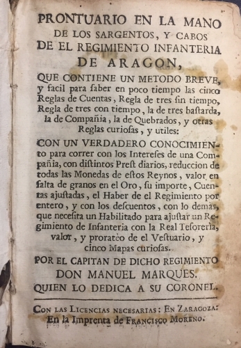 Portada de Prontuario en la mano de los sargentos y cabos de el Regimiento Infanteria de Arag�n - Manuel Marques