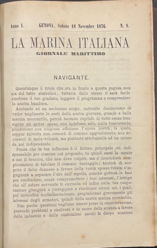 Portada de La Marina Italiana. Giornale Marittimo. Ano I, N� 1,  Genova, 18 Novembre 1876 a n� 24. Novembre 1877