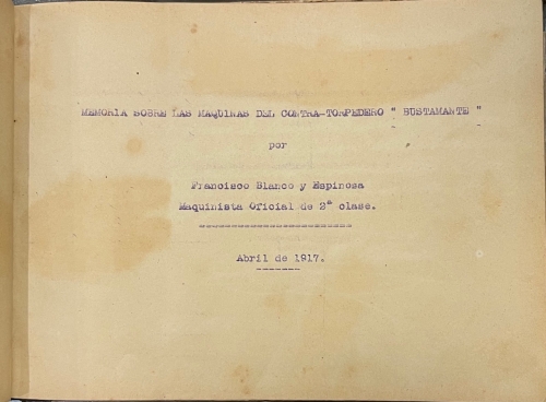 Portada de Memoria sobre las maquinas del contra-torpedero Bustamante - Francisco Blanco y Espinosa. 