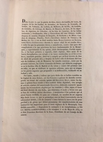 Portada de Real Convocatoria para la Celebraci�n de las Cortes Generales del Reino