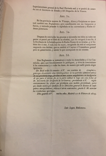 Portada de Reglamento para la represi�n del Contrabando. A�o 1825. Luis Lopez Ballesteros. 