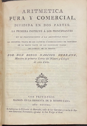 Portada de Aritmetica Pura y Comercial.  - Diego Narciso Herranz
