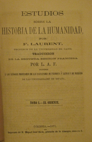 Portada de Estudios Sobre La historia De La Humanidad. Tomo I El Oriente. Separata - F. Laurent