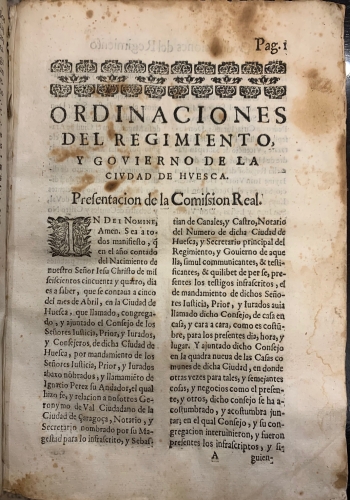 Portada de Ordinaciones del Regimiento y Govierno de la Ciudad de Huesca - Juan Bautista Alegre