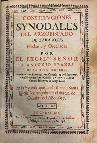 Portada de Constituciones Sinodales de el Arzobispado de Zaragoza - Antonio Iba�es de la Riva Herrera