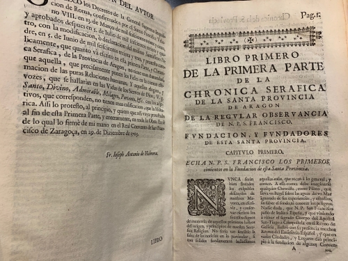 Portada de Chronica Serafica de la Santa Provincia de Aragon de la regular observancia de nuestro padre San Francisco. Primera parte - Joseph Antonio de Hebrera
