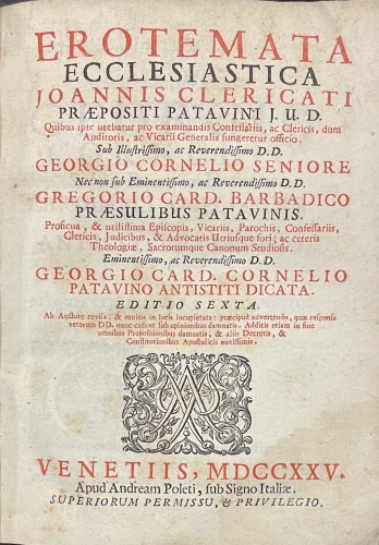 Portada de Erotema Ecclesiastica - Giovanni Maria Chiericato