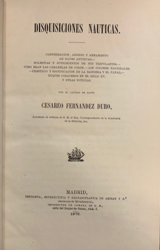 Portada de Disquisiciones na�ticas. La Mar descrita por los mareados. Navegaci�n de los muertos y Vanidades de los vivos. Los Ojos en el Cielo. A la Mar Madera. Arca de No�.  - Ces�reo Fern�ndez Duro