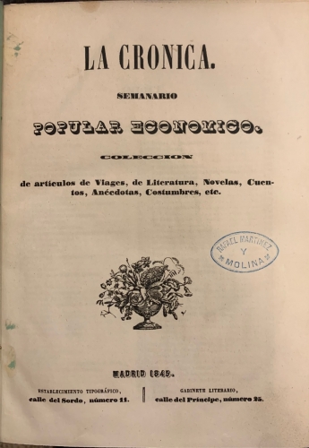 Portada de La Cr�nica. Semanario Popular Economico. Colecci�n de art�culos de viajes, de literatura, novelas, cuentos, an�cdotas, costumbre