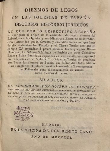 Portada de Diezmos de Legos en las Iglesias de Espa�a: Discursos Hist�rico Jur�dicos - Joseph de Vinuesa