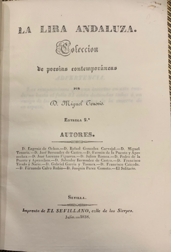 Portada de La Lira Andaluza. Colecci�n de poes�as contempor�neas. Entrega 2� - Miguel Tenorio