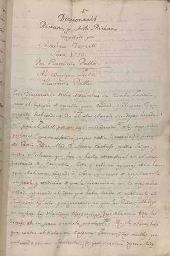 Portada de Manuscrito original de la traducci�n de la obra Diccionario Ricciano y Anti-Ricciano - Marqu�s de M�ritos, Eugenio Sarmiento