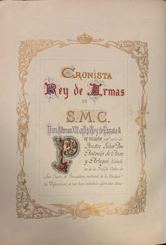 Portada de Real Despacho de Nobleza y Armas del Sr. Antonio de Arcos y Arlegui por el Cronista de Armas D. Juan Jose Vilar Psayla. 