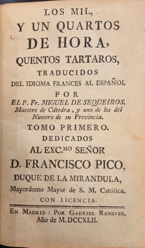Portada de Los Mil y Un Quarto de Hora, Cuentos T�rtaros - Thomas-Simon Gueullette.