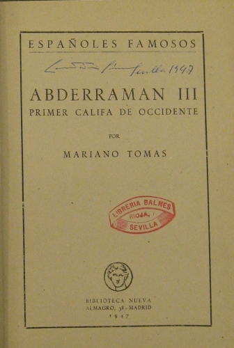 Portada de Abderraman III Primer califa De Occidente - Mariano Tomas