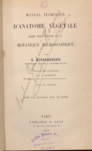 Portada de Manuel Technique D' Anatomie Vegetale. Guide pour L'etude de la Botanique Microscopique - E. Strasburger