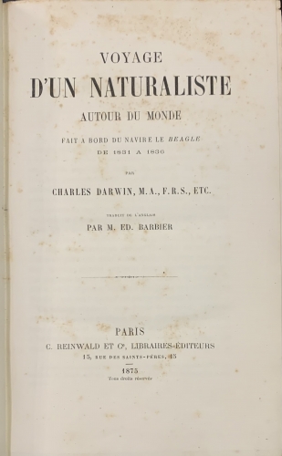Portada de Voyage D' Un Naturaliste Autour du Monde fait a bord du naviere Le Beagle de 1831 a 1836 - Charles Darwin