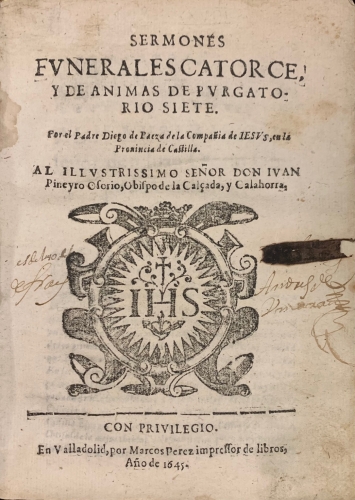 Portada de Sermones Funerales Catorce, y de Animas de Purgatorio Siete - Diego de Baeza, de la Compa�ia de Jes�s