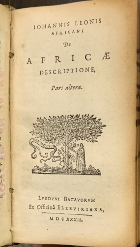 Portada de Africae Descriptio IX lib. absoluta - Ioannis Leonis Africani. Leo Africanus. Leon El Africano