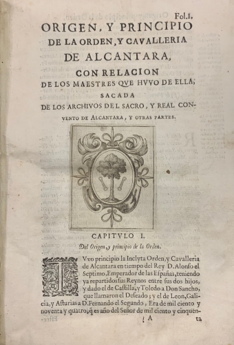 Portada de Difiniciones de la Orden y Cavalleria de Alcantara con la Historia y Origen de Ella