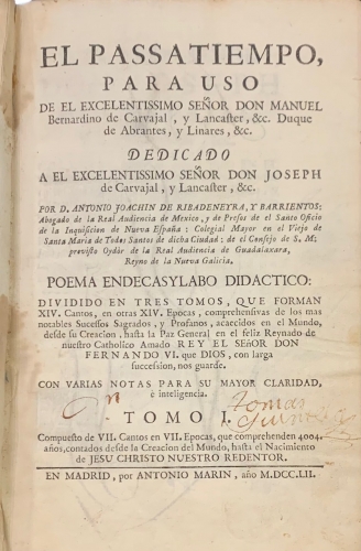 Portada de El Passatiempo, para uso de el excelentissimo Se�or Don Manuel Bernardino de Carvajal y Lancaster, Duque de Abrantes y Linares. Tomo I - Antonio Joachin de Ribadeneyra y Barrientos