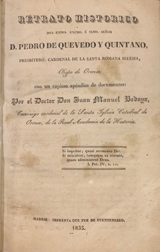 Portada de Retrato Historico del Emmo. Excmo. � Ilmo. Se�or D. Pedro de Quevedo y Quintano, Obispo de Orense - Juan Manuel Bedoya