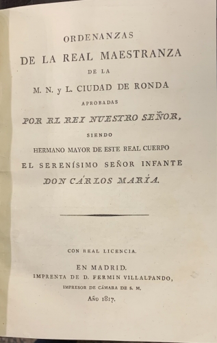 Portada de Ordenanzas de la Real Maestranza de la M. N. y L. Ciudad de Ronda