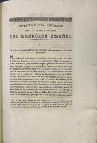 Portada de Investigaciones Hist�ricas sobre el Origen y Progresos del Monacato Espa�ol hasta la irrupci�n sarracena a Principios del Siglo VIII leidas en la Real Academia de la Historia por Don Antonio de Siles - Antonio de Siles
