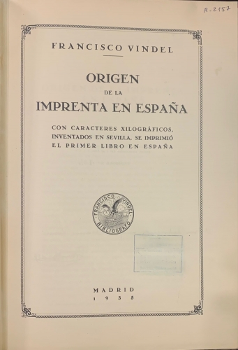 Portada de Origen de la Imprenta en Espa�a - Francisco Vindel