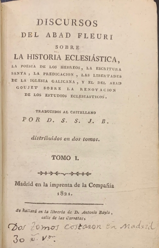 Portada de Discursos del Abad Fleuri sobre la Historia Eclesi�stica, la poes�a de los hebreos, la Escritura Santa... - Abad Fleuri