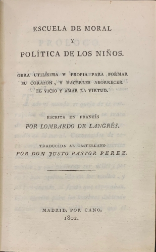 Portada de Escuela de Moral y Pol�tica de los Ni�os - Lombardo de Langres