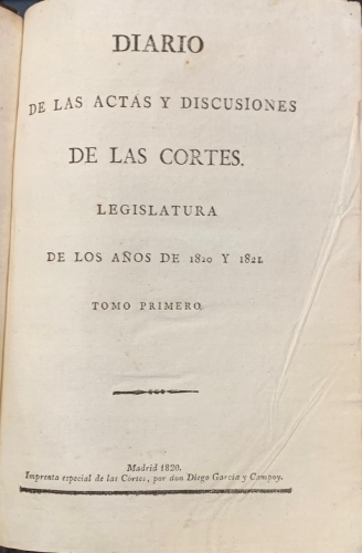 Portada de Diario de las Actas y Discusiones de las Cortes. Legislatura de los a�os de 1820 a 1821