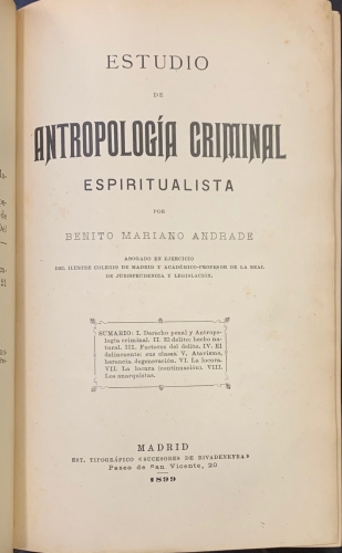 Portada de Estudio de Antropologia Criminal Espiritualista - Benito Mariano Andrade