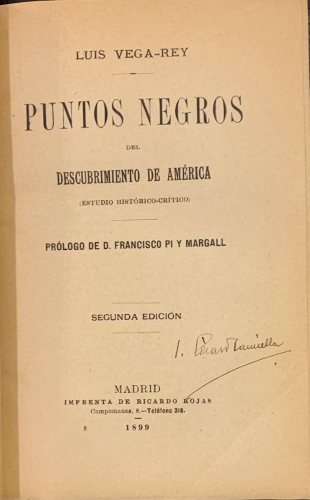 Portada de Puntos Negros del Descubrimiento de Am�rica. Estudio Hist�rico - Cr�tico - Luis Vega - REy