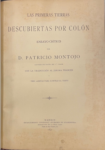 Portada de Las Primeras Tierras descubiertas por Col�n. Ensayo Cr�tico - Patricio Montojo