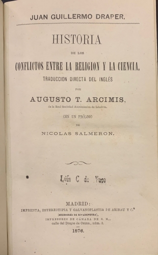 Portada de Historia de los Conflictos entre la Religi�n y la Ciencia - Juan Guillermo Draper