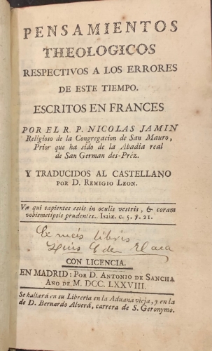 Portada de Pensamientos Theologicos respectivos a los errores de este tiempo - Nicolas Jamin