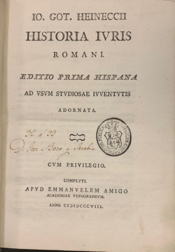 Portada de Historia Iuris Romani - Johann Gottlieb Heineccius