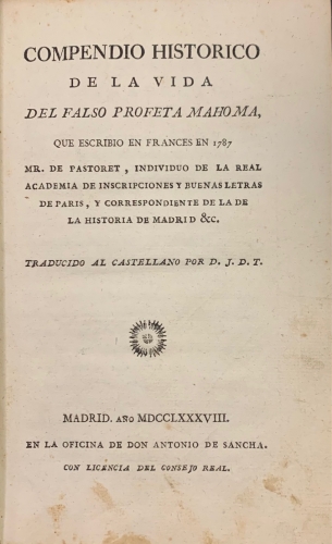 Portada de Compendio Historico de la Vida del falso Profeta Mahoma - Mr. de Pastoret